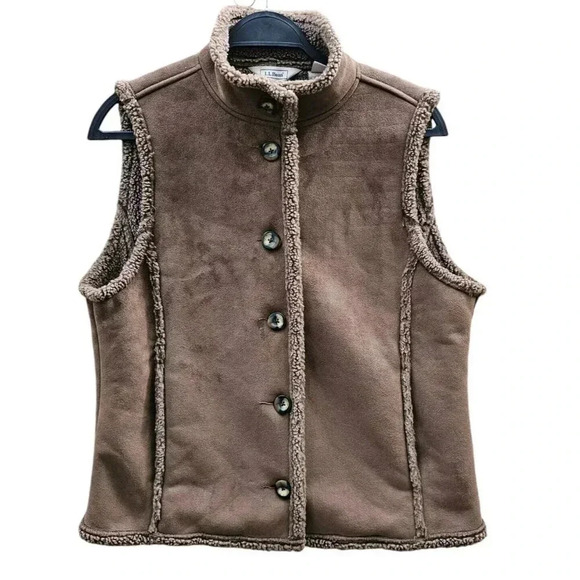 L.L. Bean Vest Womens Med Reg Brown Shearling Lined Suede Leather Button Front - Picture 1 of 11
